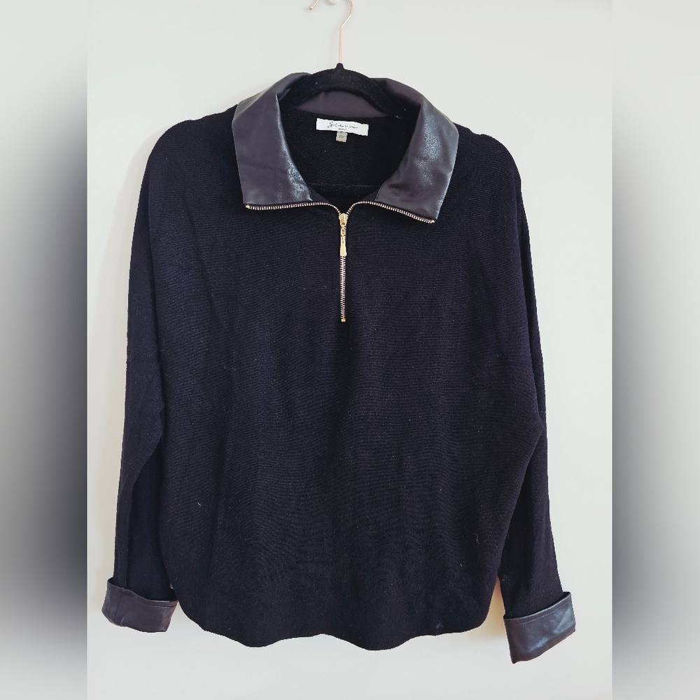 Black Sweater with Leather Collar and Cuffs
